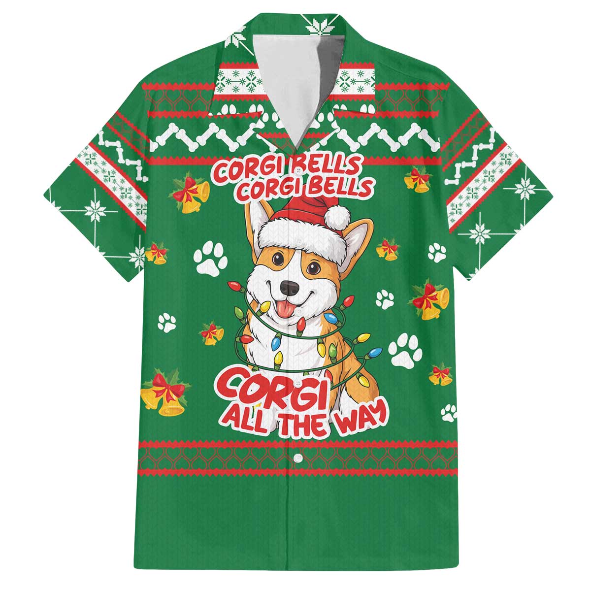 Corgi Dog Lights Corgi Bells Corgi All the Way Family Matching Off The Shoulder Long Sleeve Dress and Hawaiian Shirt wirh Green Snowflake Pattern Design - Wonder Print Shop