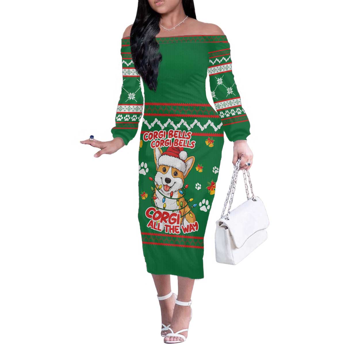 Corgi Dog Lights Corgi Bells Corgi All the Way Family Matching Off The Shoulder Long Sleeve Dress and Hawaiian Shirt wirh Green Snowflake Pattern Design - Wonder Print Shop