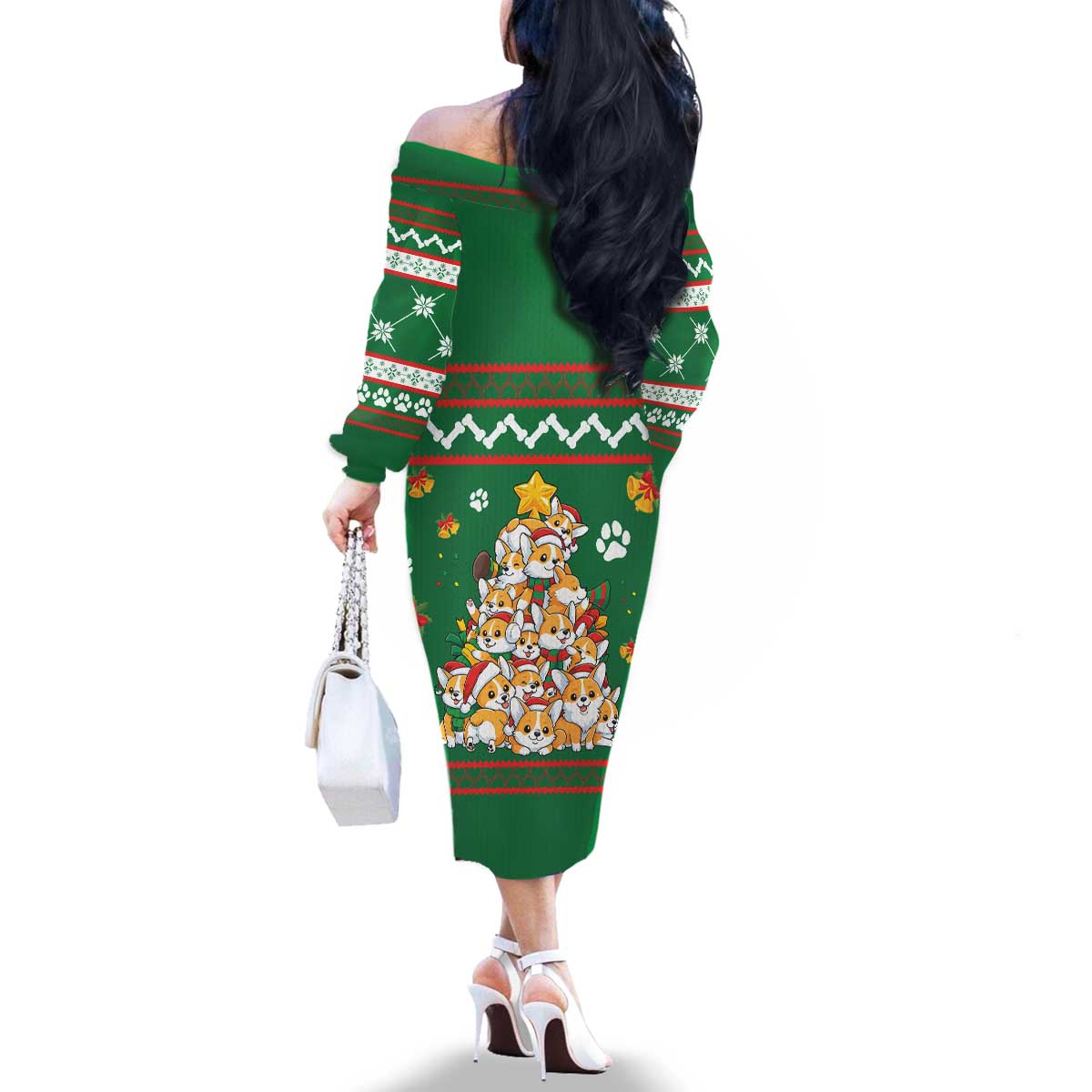 Corgi Dog Lights Corgi Bells Corgi All the Way Family Matching Off The Shoulder Long Sleeve Dress and Hawaiian Shirt wirh Green Snowflake Pattern Design - Wonder Print Shop