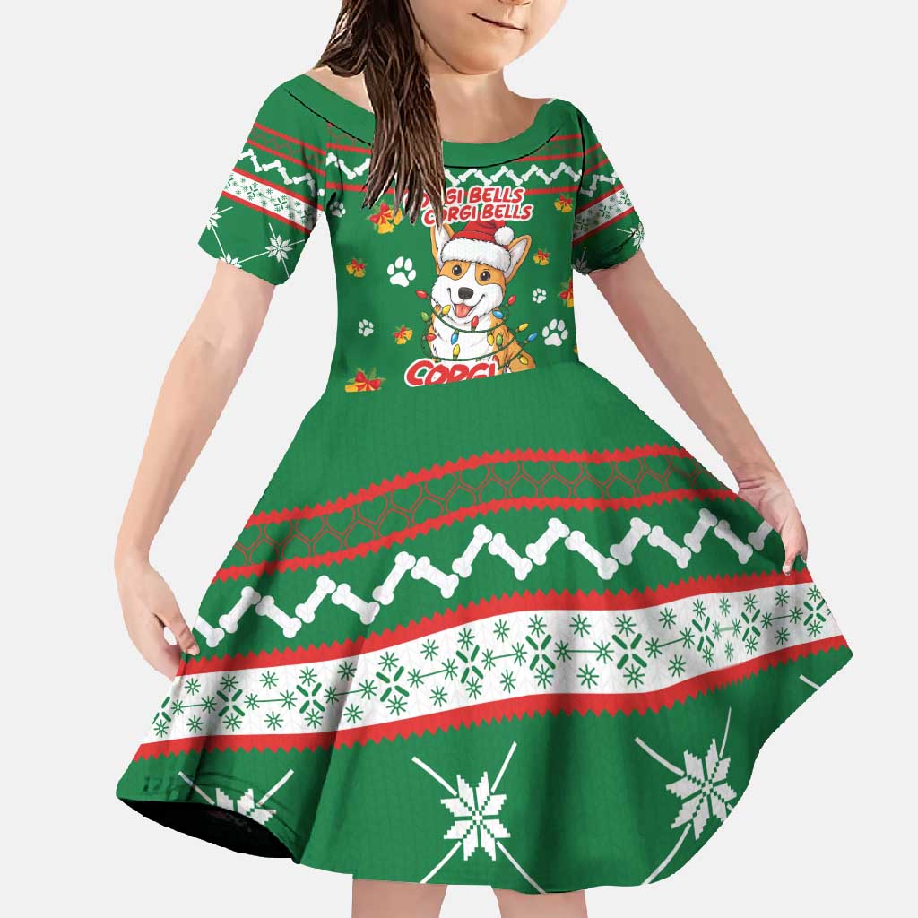 Corgi Dog Lights Corgi Bells Corgi All the Way Family Matching Off Shoulder Maxi Dress and Hawaiian Shirt wirh Green Snowflake Pattern Design - Wonder Print Shop