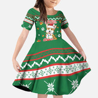 Corgi Dog Lights Corgi Bells Corgi All the Way Family Matching Off Shoulder Maxi Dress and Hawaiian Shirt wirh Green Snowflake Pattern Design - Wonder Print Shop