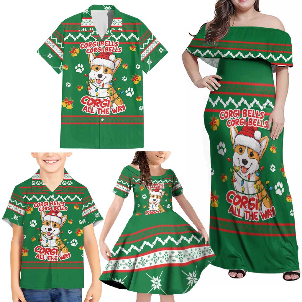 Corgi Dog Lights Corgi Bells Corgi All the Way Family Matching Off Shoulder Maxi Dress and Hawaiian Shirt wirh Green Snowflake Pattern Design - Wonder Print Shop