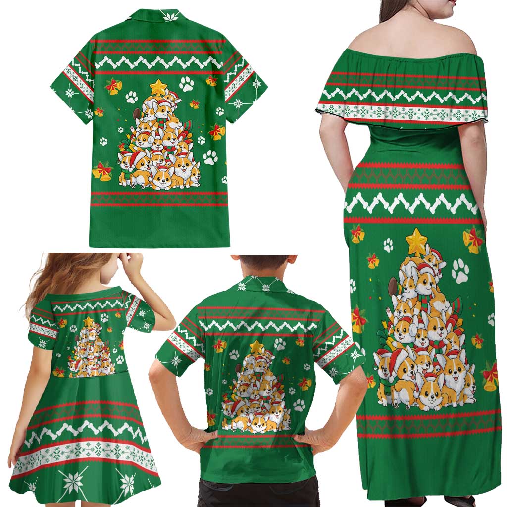 Corgi Dog Lights Corgi Bells Corgi All the Way Family Matching Off Shoulder Maxi Dress and Hawaiian Shirt wirh Green Snowflake Pattern Design - Wonder Print Shop