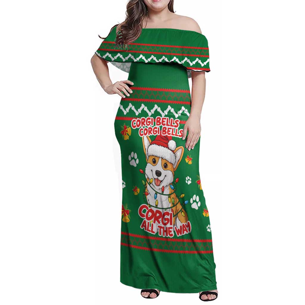 Corgi Dog Lights Corgi Bells Corgi All the Way Family Matching Off Shoulder Maxi Dress and Hawaiian Shirt wirh Green Snowflake Pattern Design - Wonder Print Shop