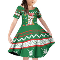 Corgi Dog Lights Corgi Bells Corgi All the Way Family Matching Off Shoulder Short Dress and Hawaiian Shirt wirh Green Snowflake Pattern Design - Wonder Print Shop