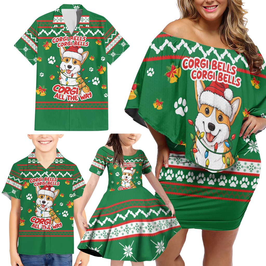 Corgi Dog Lights Corgi Bells Corgi All the Way Family Matching Off Shoulder Short Dress and Hawaiian Shirt wirh Green Snowflake Pattern Design - Wonder Print Shop