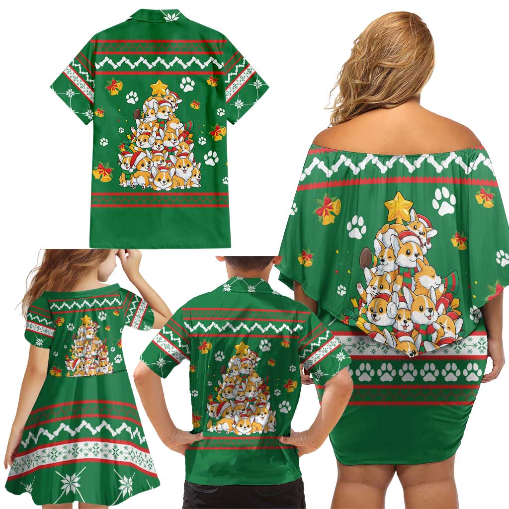 Corgi Dog Lights Corgi Bells Corgi All the Way Family Matching Off Shoulder Short Dress and Hawaiian Shirt wirh Green Snowflake Pattern Design - Wonder Print Shop