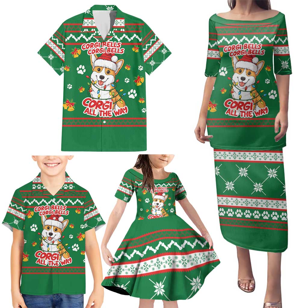 Corgi Dog Lights Corgi Bells Corgi All the Way Family Matching Puletasi and Hawaiian Shirt wirh Green Snowflake Pattern Design - Wonder Print Shop