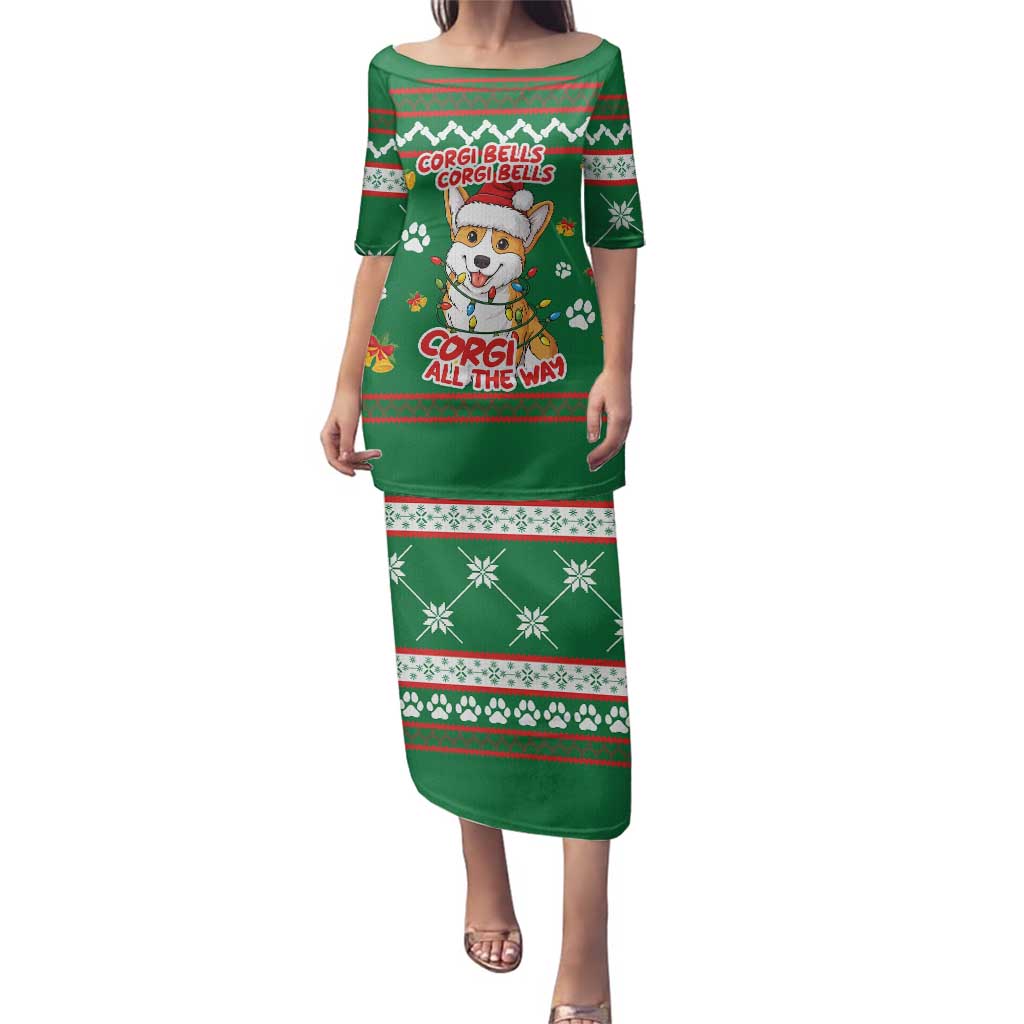 Corgi Dog Lights Corgi Bells Corgi All the Way Family Matching Puletasi and Hawaiian Shirt wirh Green Snowflake Pattern Design - Wonder Print Shop