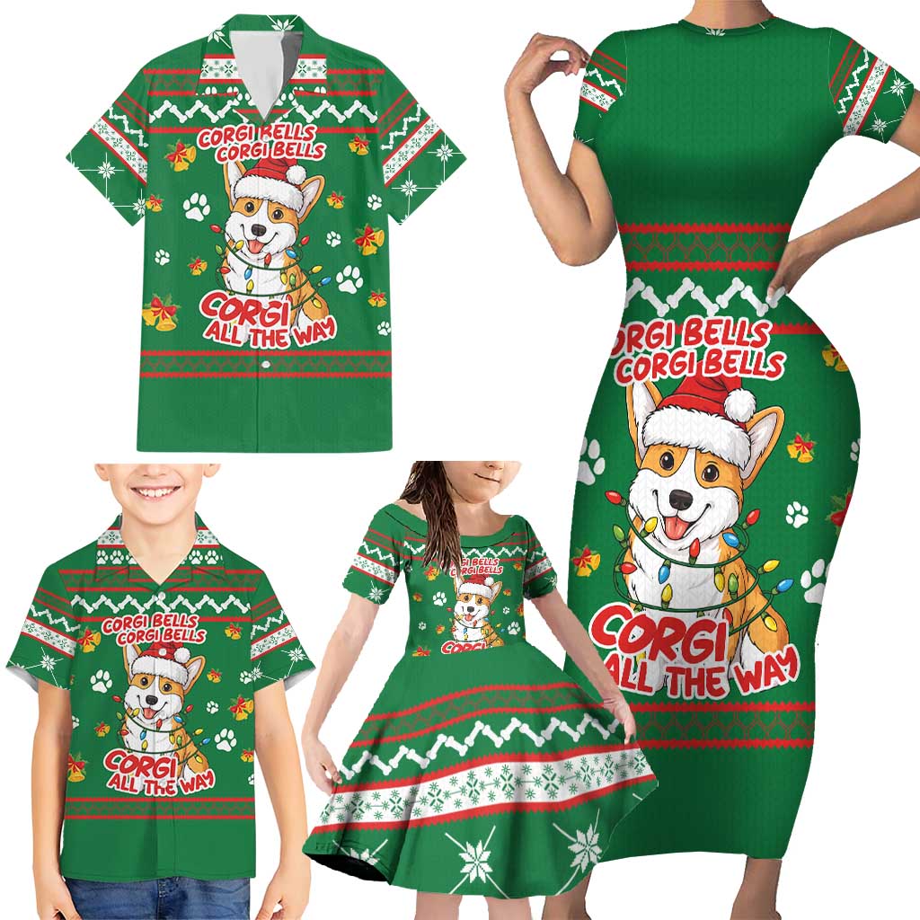 Corgi Dog Lights Corgi Bells Corgi All the Way Family Matching Short Sleeve Bodycon Dress and Hawaiian Shirt wirh Green Snowflake Pattern Design - Wonder Print Shop