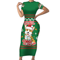 Corgi Dog Lights Corgi Bells Corgi All the Way Family Matching Short Sleeve Bodycon Dress and Hawaiian Shirt wirh Green Snowflake Pattern Design - Wonder Print Shop
