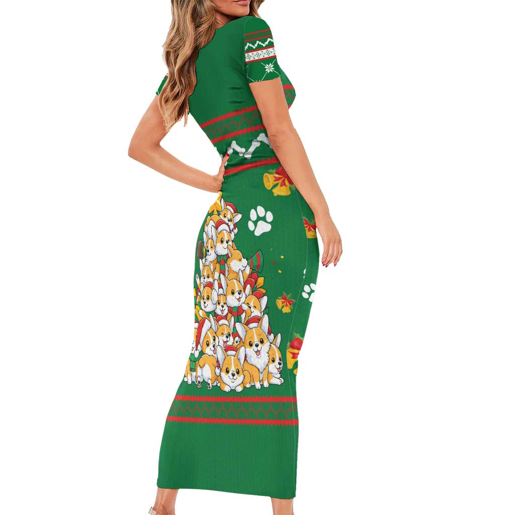 Corgi Dog Lights Corgi Bells Corgi All the Way Family Matching Short Sleeve Bodycon Dress and Hawaiian Shirt wirh Green Snowflake Pattern Design - Wonder Print Shop