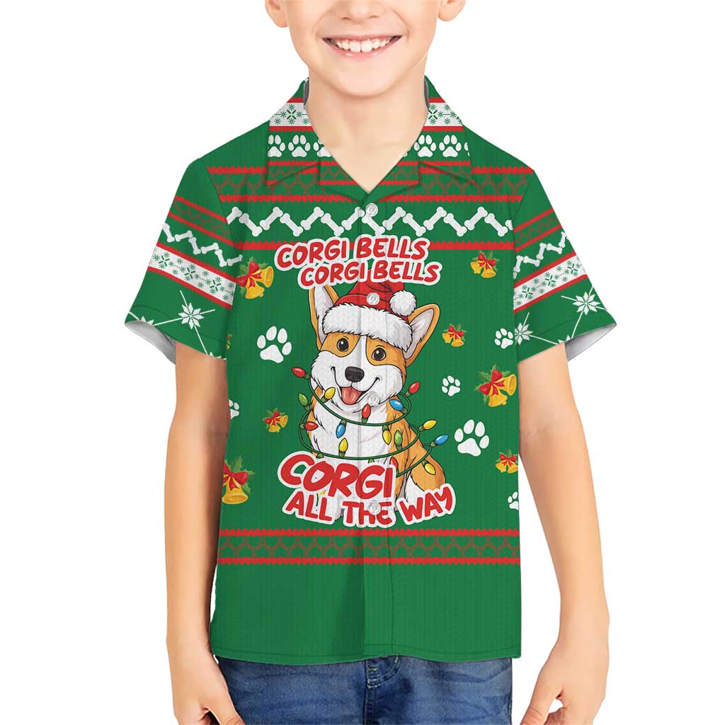 Corgi Dog Lights Corgi Bells Corgi All the Way Family Matching Short Sleeve Bodycon Dress and Hawaiian Shirt wirh Green Snowflake Pattern Design - Wonder Print Shop