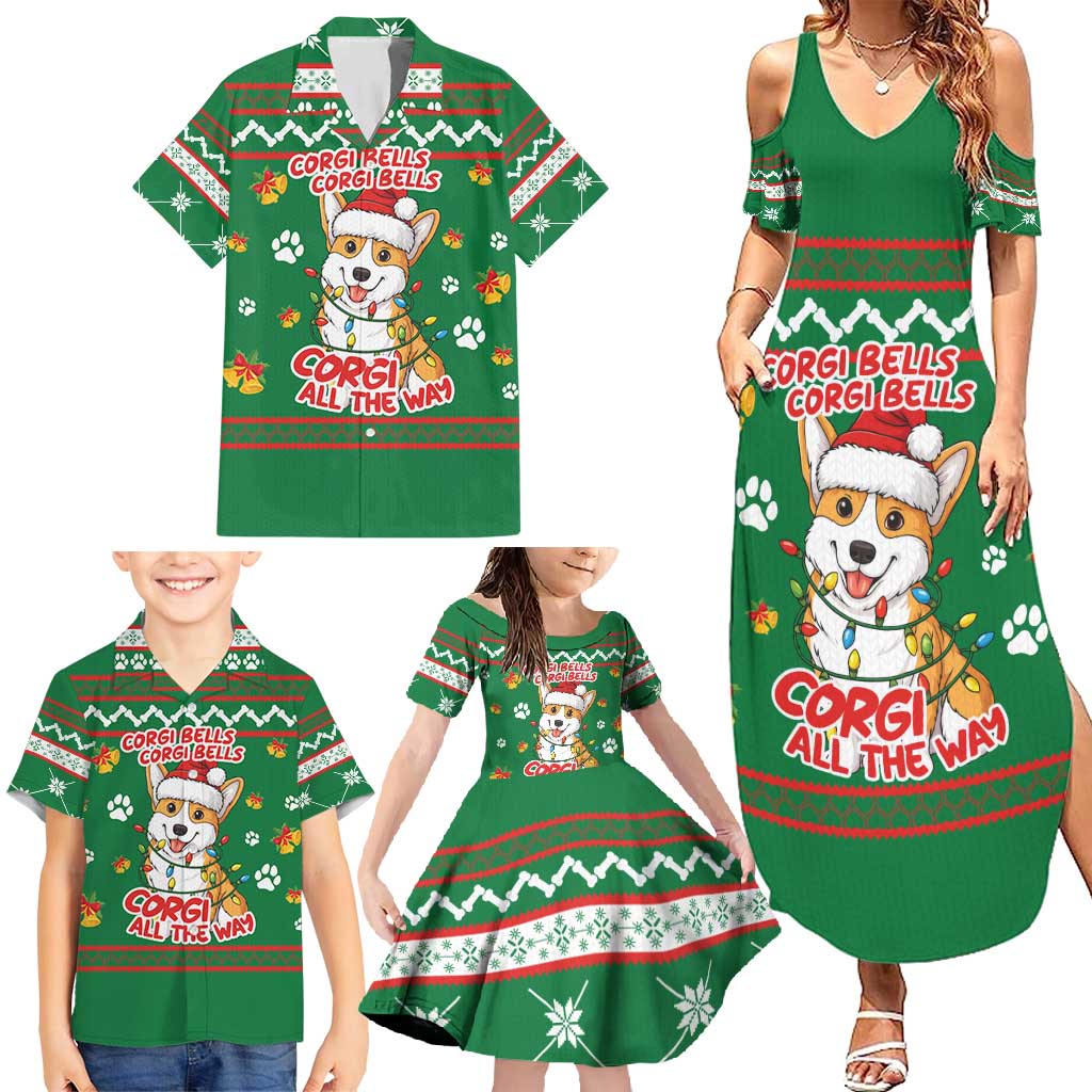 Corgi Dog Lights Corgi Bells Corgi All the Way Family Matching Summer Maxi Dress and Hawaiian Shirt wirh Green Snowflake Pattern Design - Wonder Print Shop