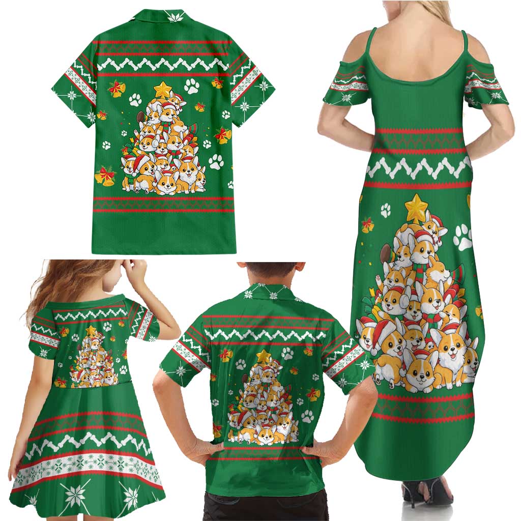 Corgi Dog Lights Corgi Bells Corgi All the Way Family Matching Summer Maxi Dress and Hawaiian Shirt wirh Green Snowflake Pattern Design - Wonder Print Shop