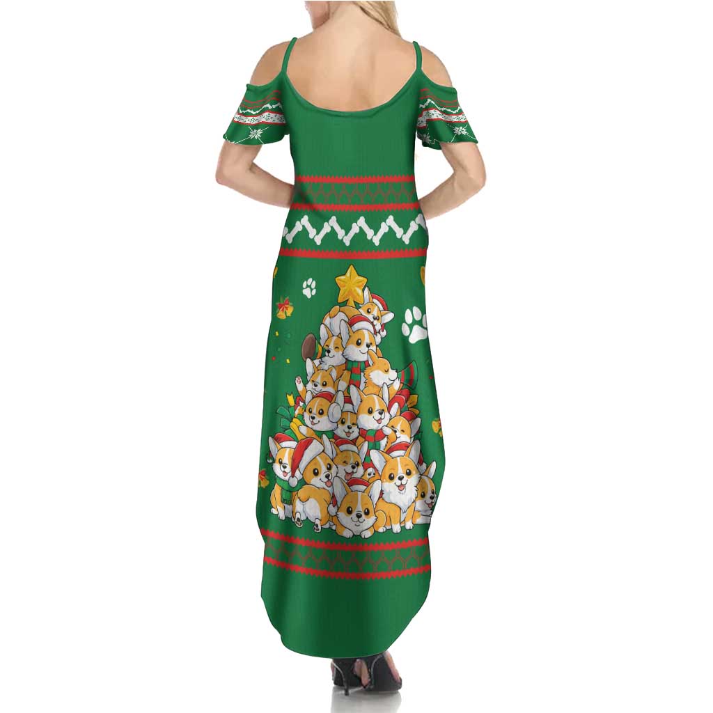 Corgi Dog Lights Corgi Bells Corgi All the Way Family Matching Summer Maxi Dress and Hawaiian Shirt wirh Green Snowflake Pattern Design - Wonder Print Shop