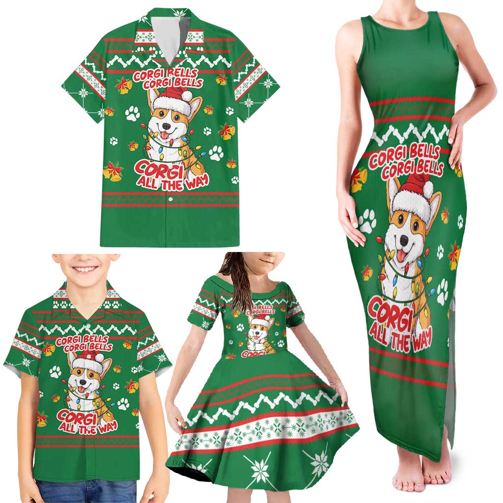 Corgi Dog Lights Corgi Bells Corgi All the Way Family Matching Tank Maxi Dress and Hawaiian Shirt wirh Green Snowflake Pattern Design - Wonder Print Shop