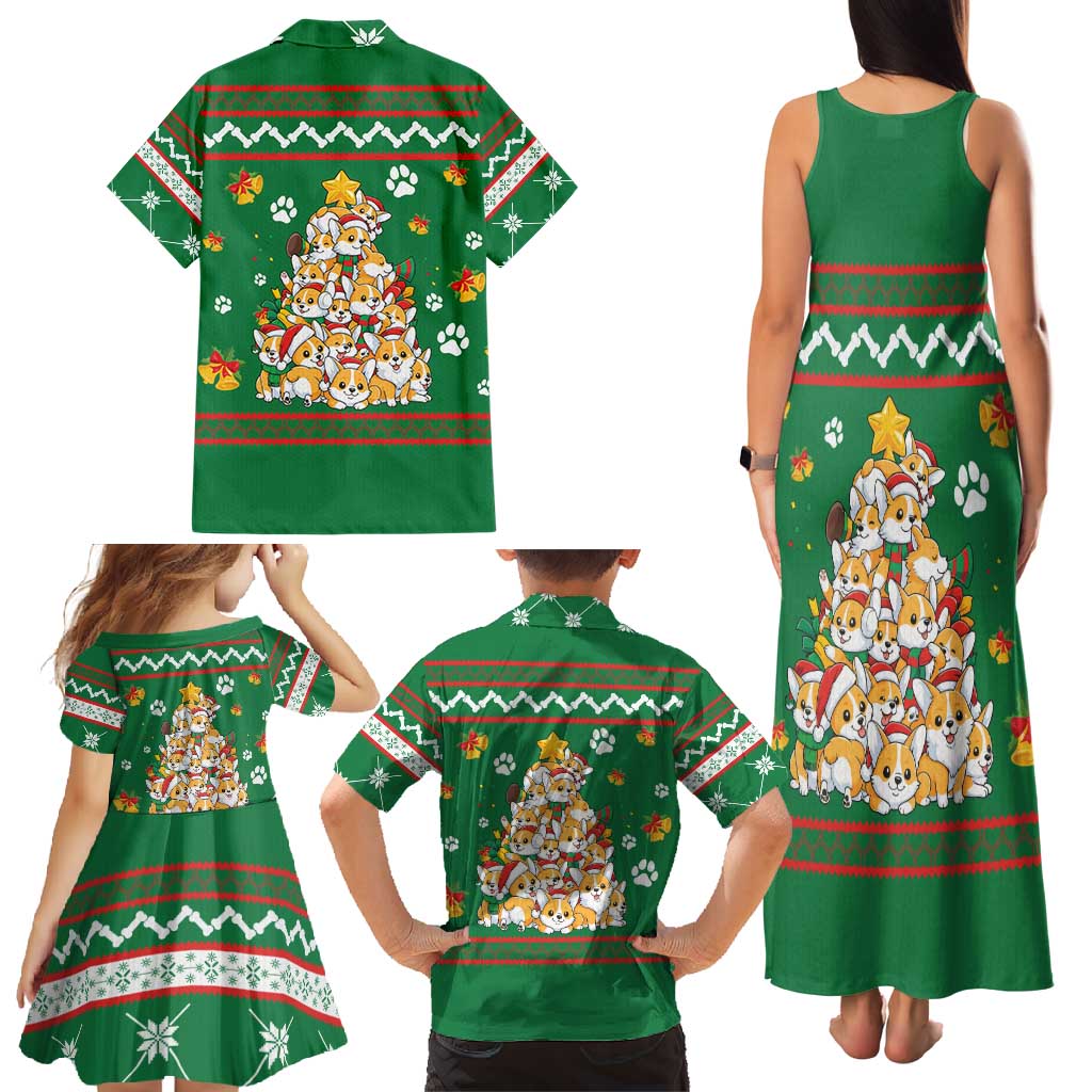 Corgi Dog Lights Corgi Bells Corgi All the Way Family Matching Tank Maxi Dress and Hawaiian Shirt wirh Green Snowflake Pattern Design - Wonder Print Shop