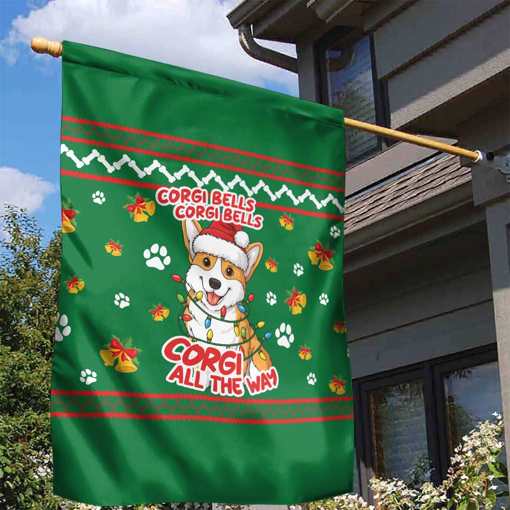 Corgi Dog Lights Corgi Bells Corgi All the Way Garden Flag wirh Green Snowflake Pattern Design - Wonder Print Shop