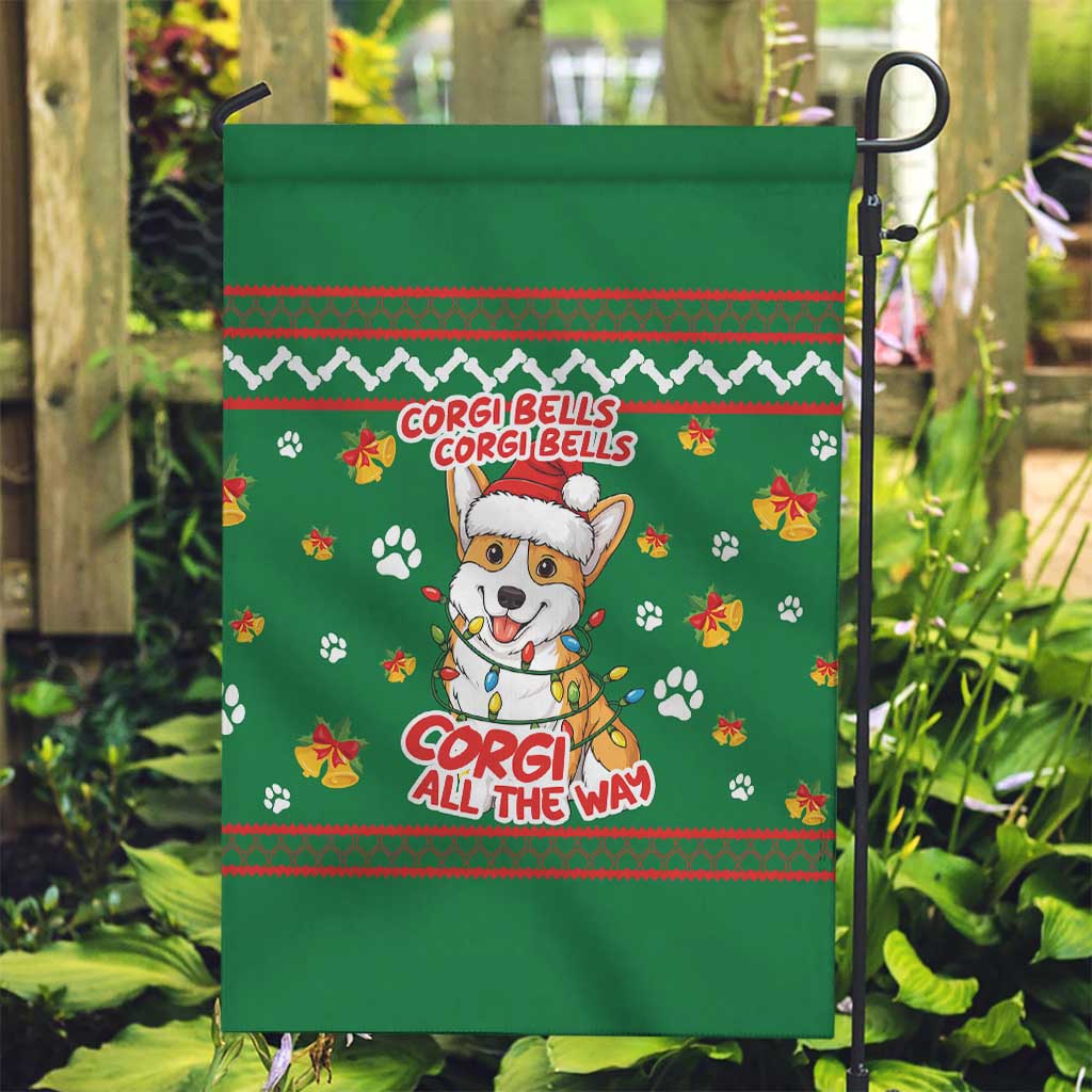 Corgi Dog Lights Corgi Bells Corgi All the Way Garden Flag wirh Green Snowflake Pattern Design - Wonder Print Shop