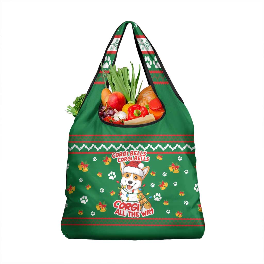 Corgi Dog Lights Corgi Bells Corgi All the Way Grocery Bag wirh Green Snowflake Pattern Design - Wonder Print Shop