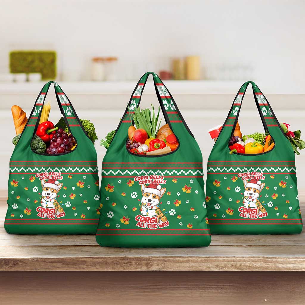Corgi Dog Lights Corgi Bells Corgi All the Way Grocery Bag wirh Green Snowflake Pattern Design - Wonder Print Shop
