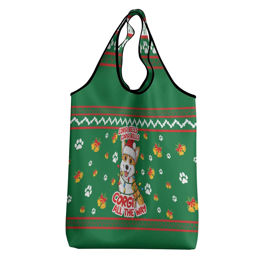 Corgi Dog Lights Corgi Bells Corgi All the Way Grocery Bag wirh Green Snowflake Pattern Design - Wonder Print Shop