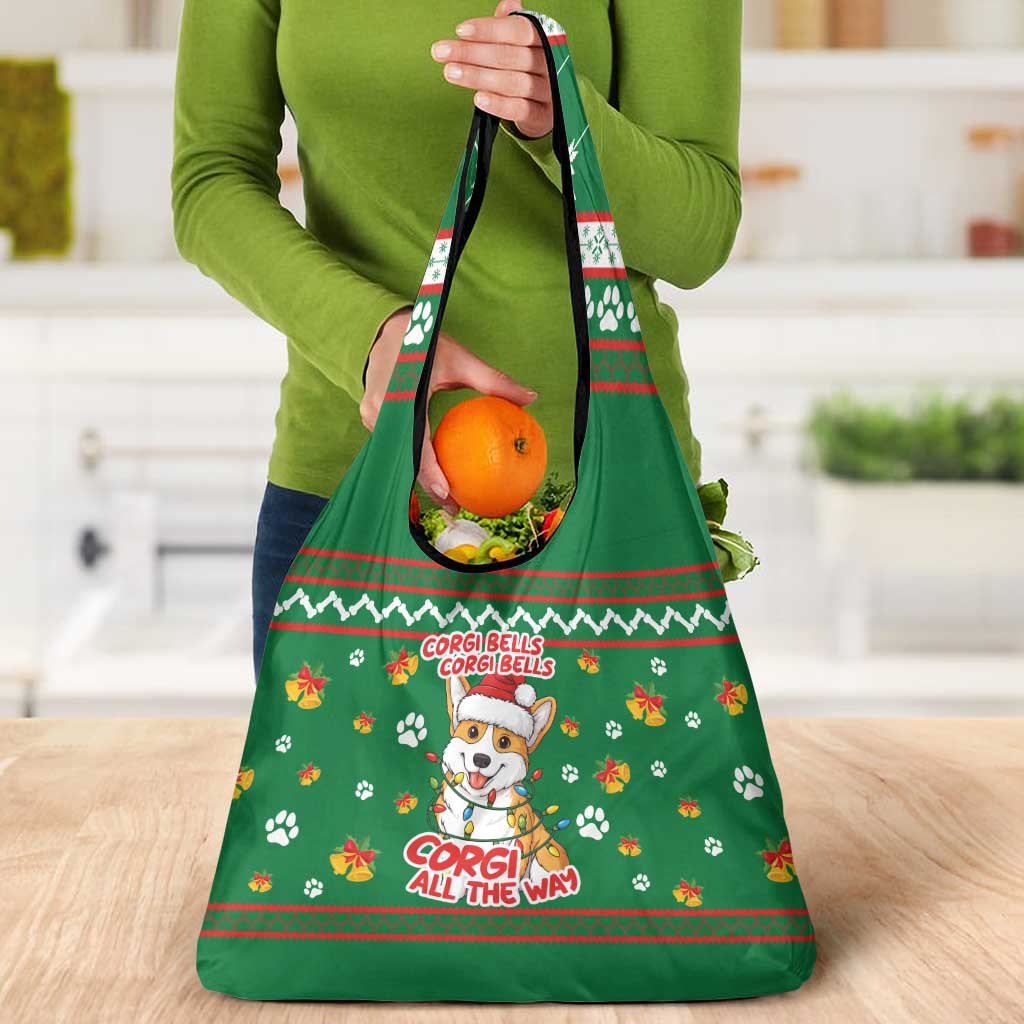 Corgi Dog Lights Corgi Bells Corgi All the Way Grocery Bag wirh Green Snowflake Pattern Design - Wonder Print Shop