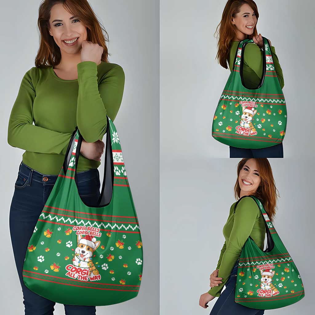 Corgi Dog Lights Corgi Bells Corgi All the Way Grocery Bag wirh Green Snowflake Pattern Design - Wonder Print Shop