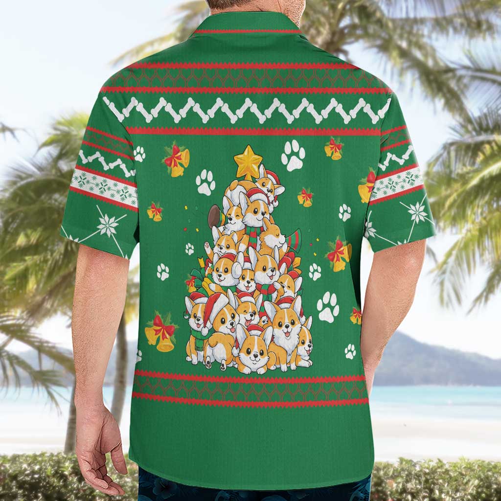Corgi Dog Lights Corgi Bells Corgi All the Way Hawaiian Shirt wirh Green Snowflake Pattern Design - Wonder Print Shop
