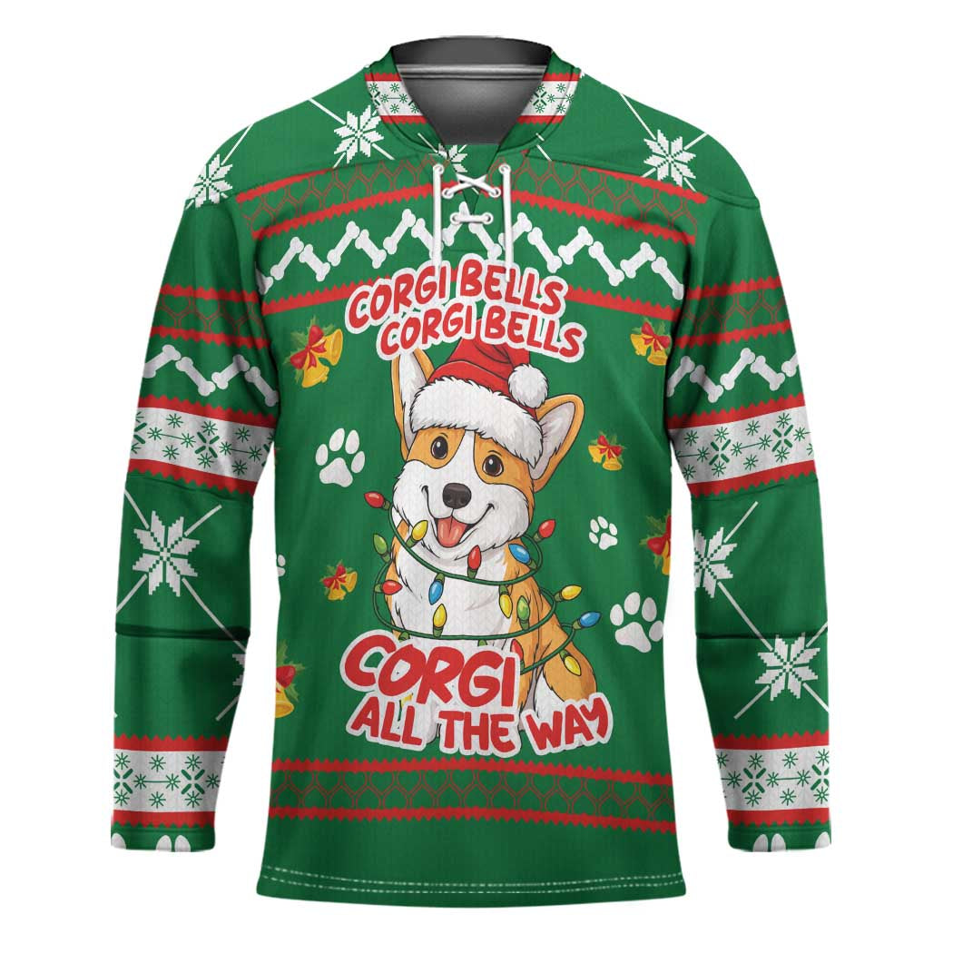 Corgi Dog Lights Corgi Bells Corgi All the Way Hockey Jersey wirh Green Snowflake Pattern Design - Wonder Print Shop