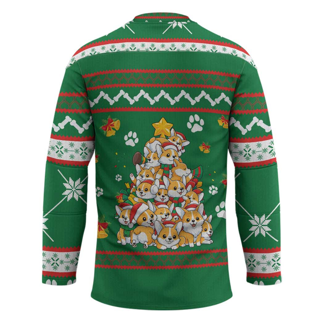 Corgi Dog Lights Corgi Bells Corgi All the Way Hockey Jersey wirh Green Snowflake Pattern Design - Wonder Print Shop