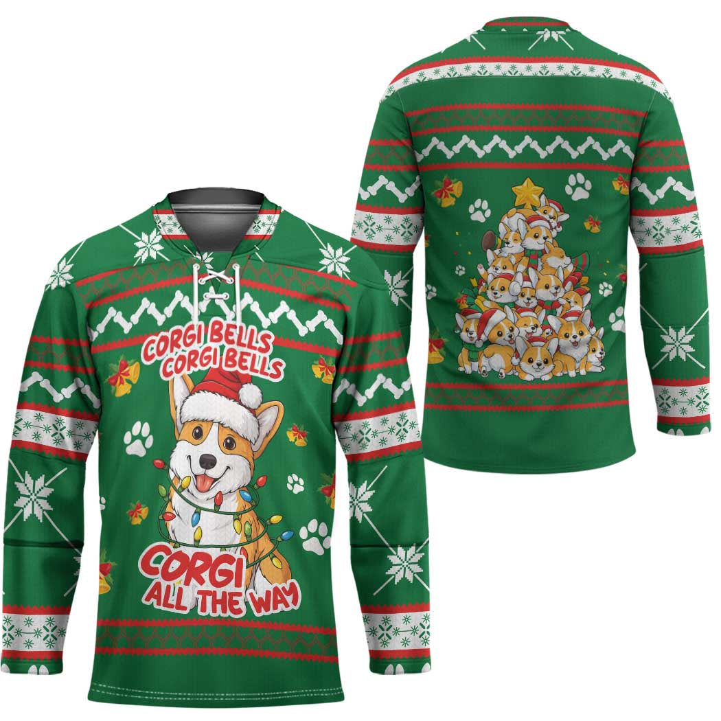 Corgi Dog Lights Corgi Bells Corgi All the Way Hockey Jersey wirh Green Snowflake Pattern Design - Wonder Print Shop