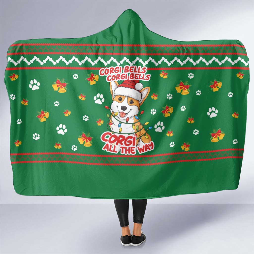 Corgi Dog Lights Corgi Bells Corgi All the Way Hooded Blanket wirh Green Snowflake Pattern Design - Wonder Print Shop