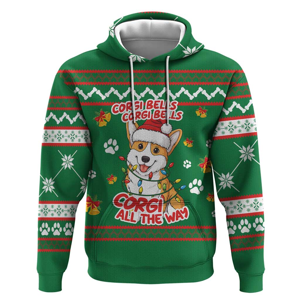 Corgi Dog Lights Corgi Bells Corgi All the Way Hoodie wirh Green Snowflake Pattern Design - Wonder Print Shop