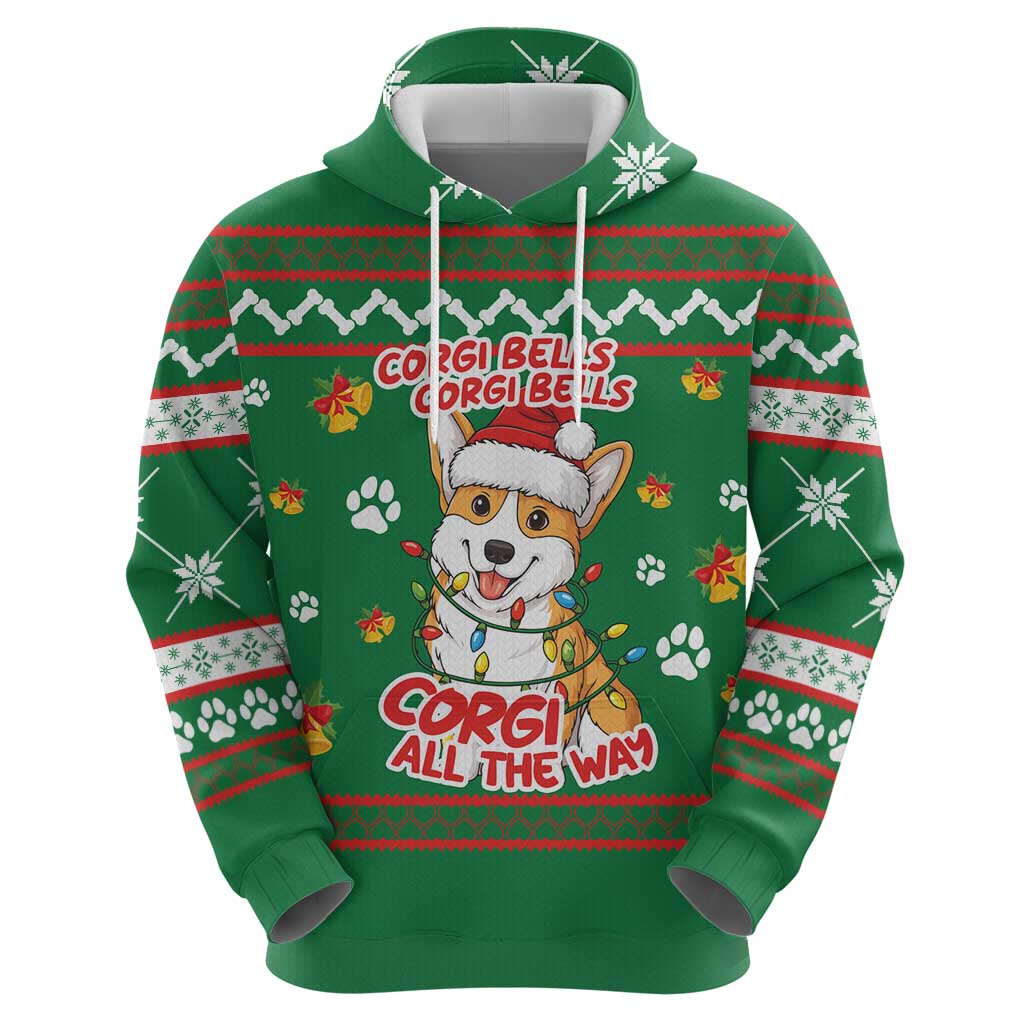 Corgi Dog Lights Corgi Bells Corgi All the Way Hoodie wirh Green Snowflake Pattern Design - Wonder Print Shop