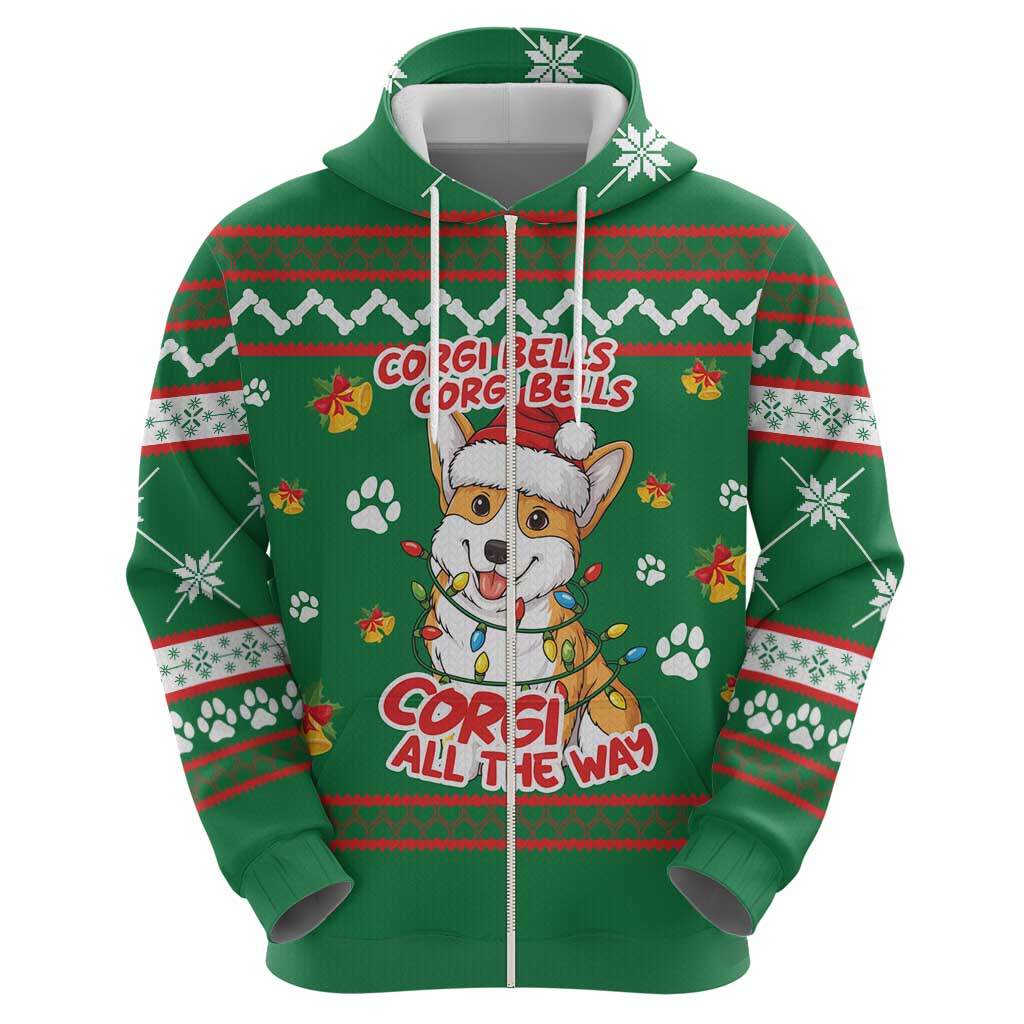 Corgi Dog Lights Corgi Bells Corgi All the Way Hoodie wirh Green Snowflake Pattern Design - Wonder Print Shop