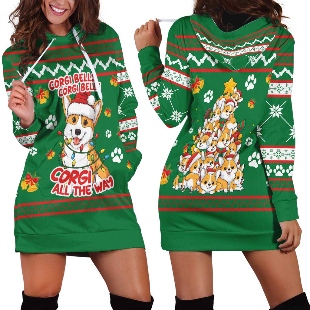 Corgi Dog Lights Corgi Bells Corgi All the Way Hoodie Dress wirh Green Snowflake Pattern Design - Wonder Print Shop
