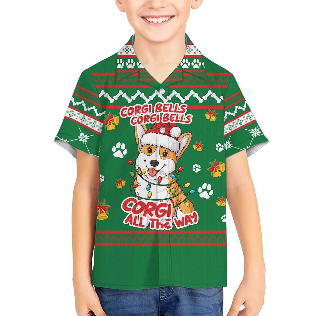 Corgi Dog Lights Corgi Bells Corgi All the Way Kid Hawaiian Shirt wirh Green Snowflake Pattern Design - Wonder Print Shop