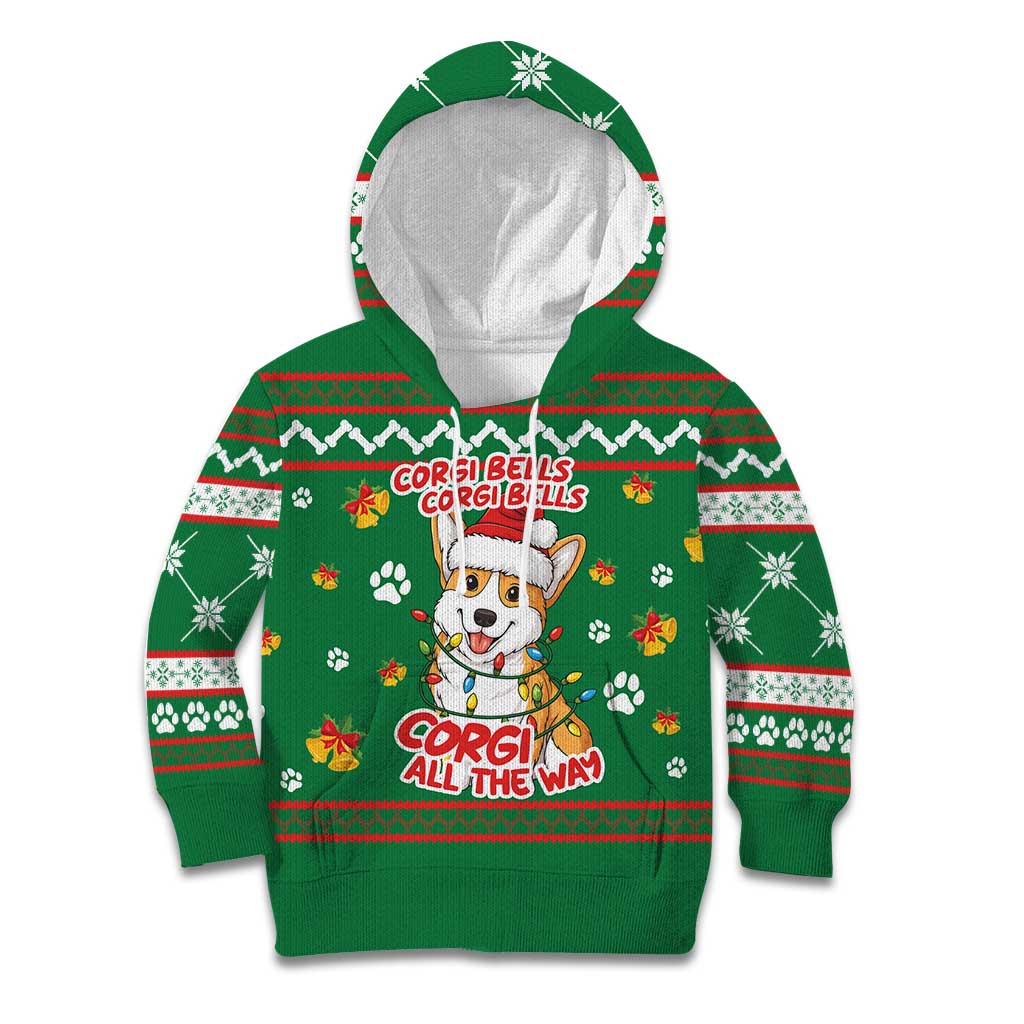 Corgi Dog Lights Corgi Bells Corgi All the Way Kid Hoodie wirh Green Snowflake Pattern Design - Wonder Print Shop