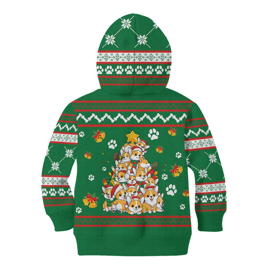 Corgi Dog Lights Corgi Bells Corgi All the Way Kid Hoodie wirh Green Snowflake Pattern Design - Wonder Print Shop
