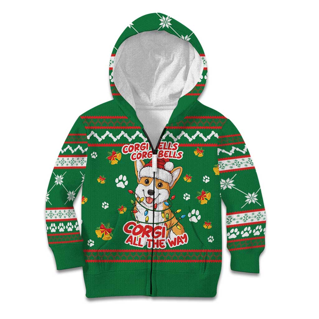 Corgi Dog Lights Corgi Bells Corgi All the Way Kid Hoodie wirh Green Snowflake Pattern Design - Wonder Print Shop