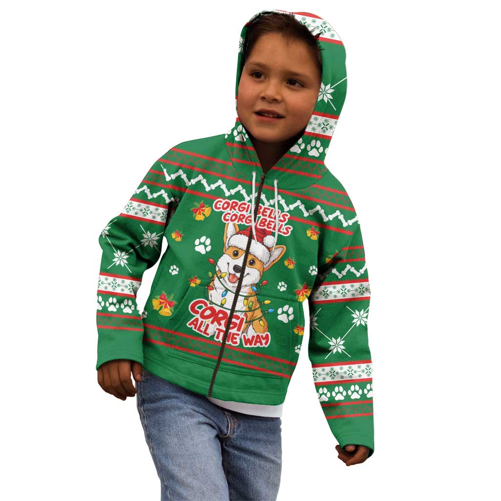 Corgi Dog Lights Corgi Bells Corgi All the Way Kid Hoodie wirh Green Snowflake Pattern Design - Wonder Print Shop
