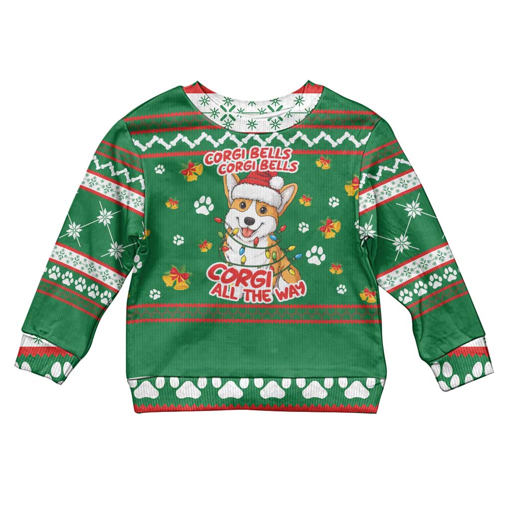 Corgi Dog Lights Corgi Bells Corgi All the Way Kid Ugly Christmas Sweater wirh Green Snowflake Pattern Design - Wonder Print Shop