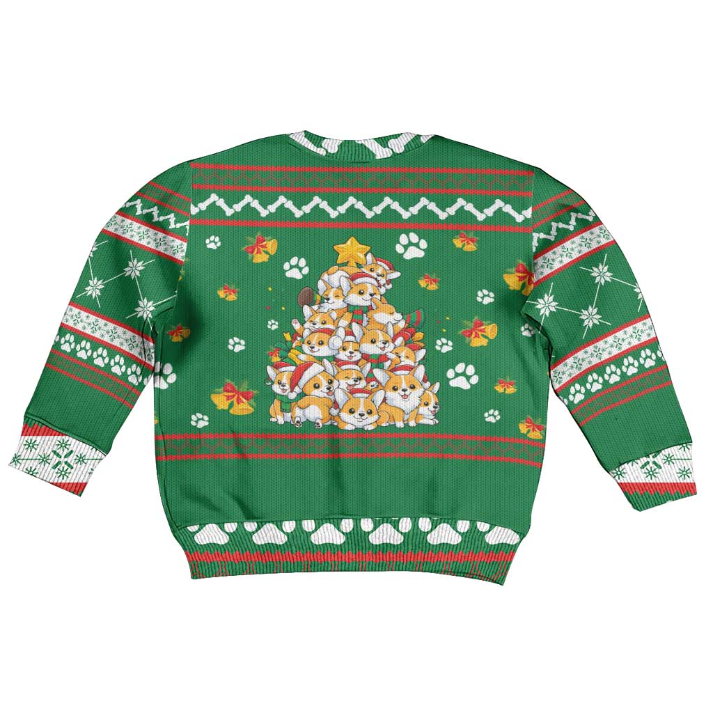 Corgi Dog Lights Corgi Bells Corgi All the Way Kid Ugly Christmas Sweater wirh Green Snowflake Pattern Design - Wonder Print Shop