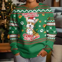 Corgi Dog Lights Corgi Bells Corgi All the Way Kid Ugly Christmas Sweater wirh Green Snowflake Pattern Design - Wonder Print Shop