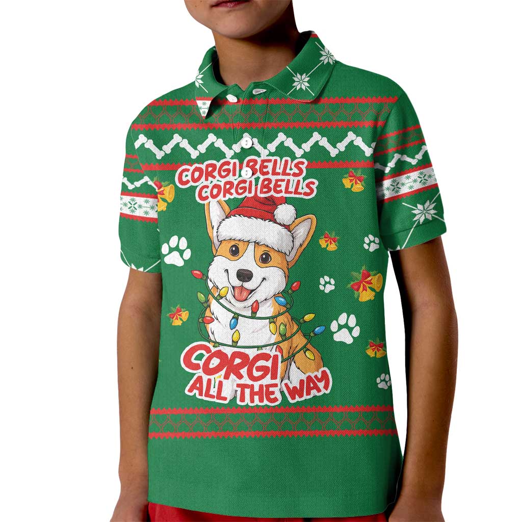 Corgi Dog Lights Corgi Bells Corgi All the Way Kid Polo Shirt wirh Green Snowflake Pattern Design - Wonder Print Shop