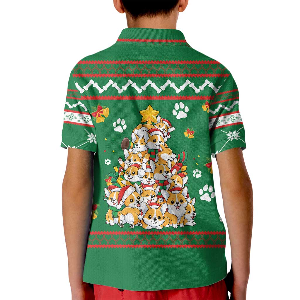 Corgi Dog Lights Corgi Bells Corgi All the Way Kid Polo Shirt wirh Green Snowflake Pattern Design - Wonder Print Shop