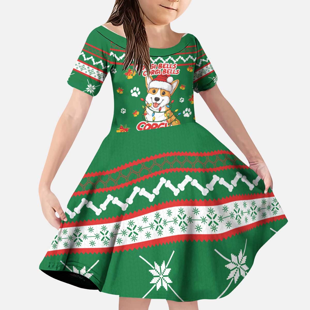 Corgi Dog Lights Corgi Bells Corgi All the Way Kid Short Sleeve Dress wirh Green Snowflake Pattern Design - Wonder Print Shop