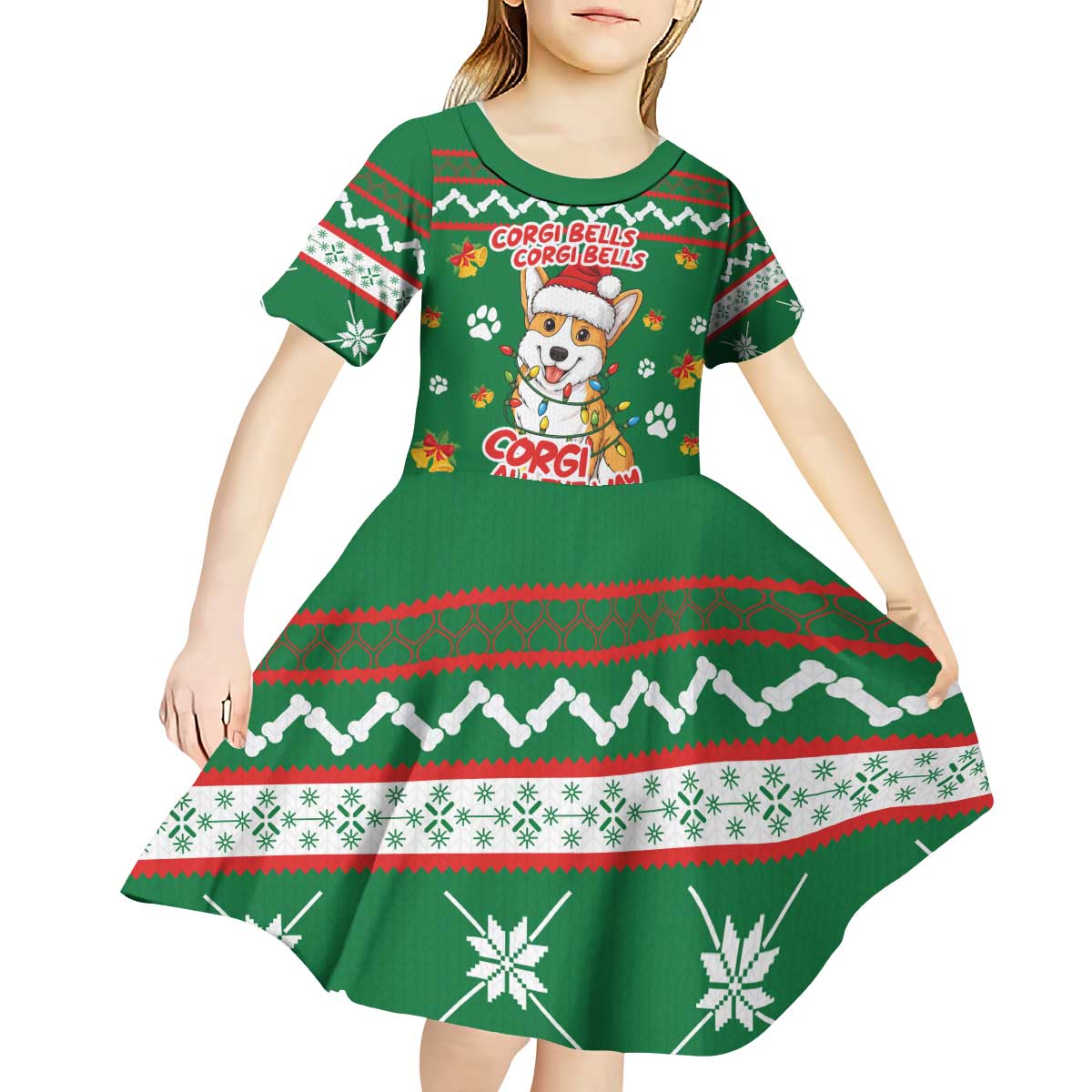 Corgi Dog Lights Corgi Bells Corgi All the Way Kid Short Sleeve Dress wirh Green Snowflake Pattern Design - Wonder Print Shop